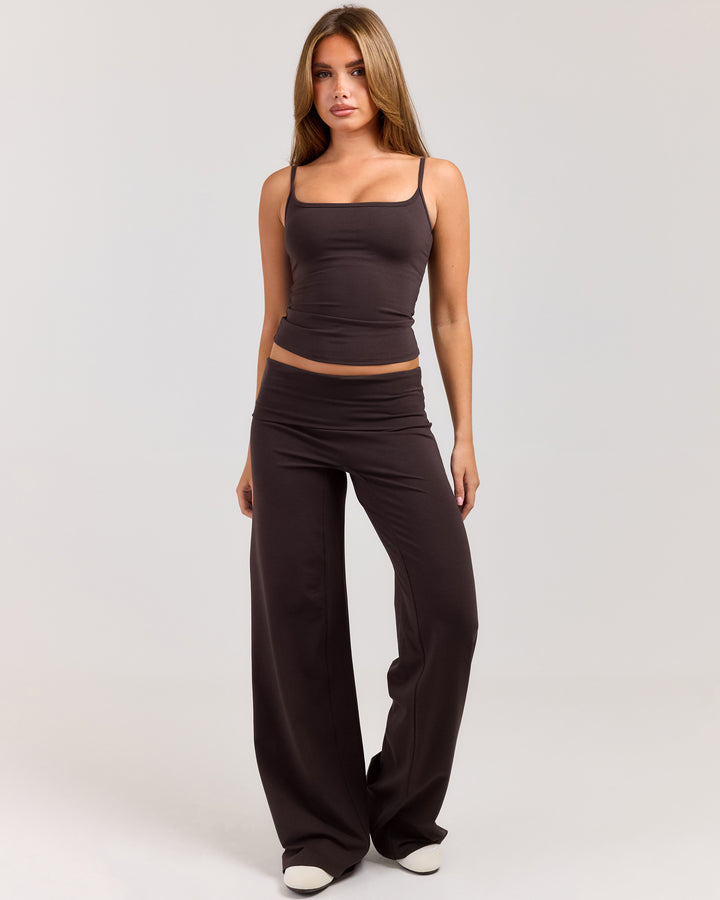 Flow Wide Leg Fold Over Pants - Coffee Bean
