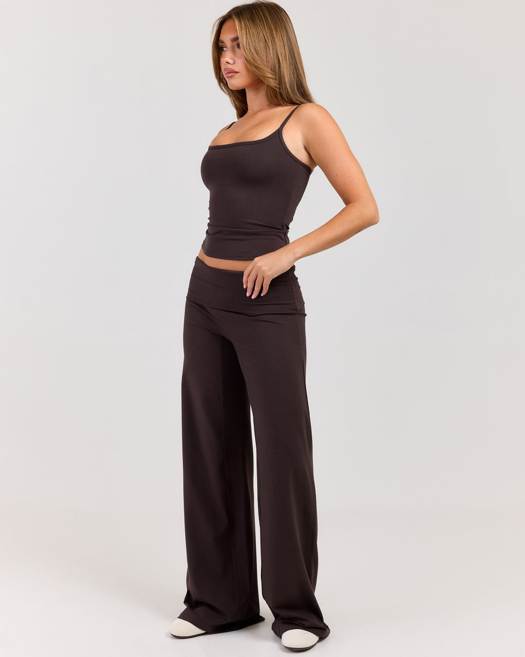 Flow Wide Leg Fold Over Pants - Coffee Bean