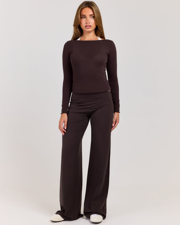 Sheer Flow Boat Neck Top - Coffee Bean