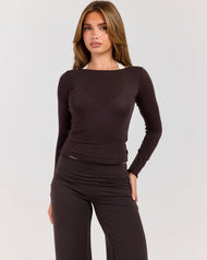 Sheer Flow Boat Neck Top - Coffee Bean