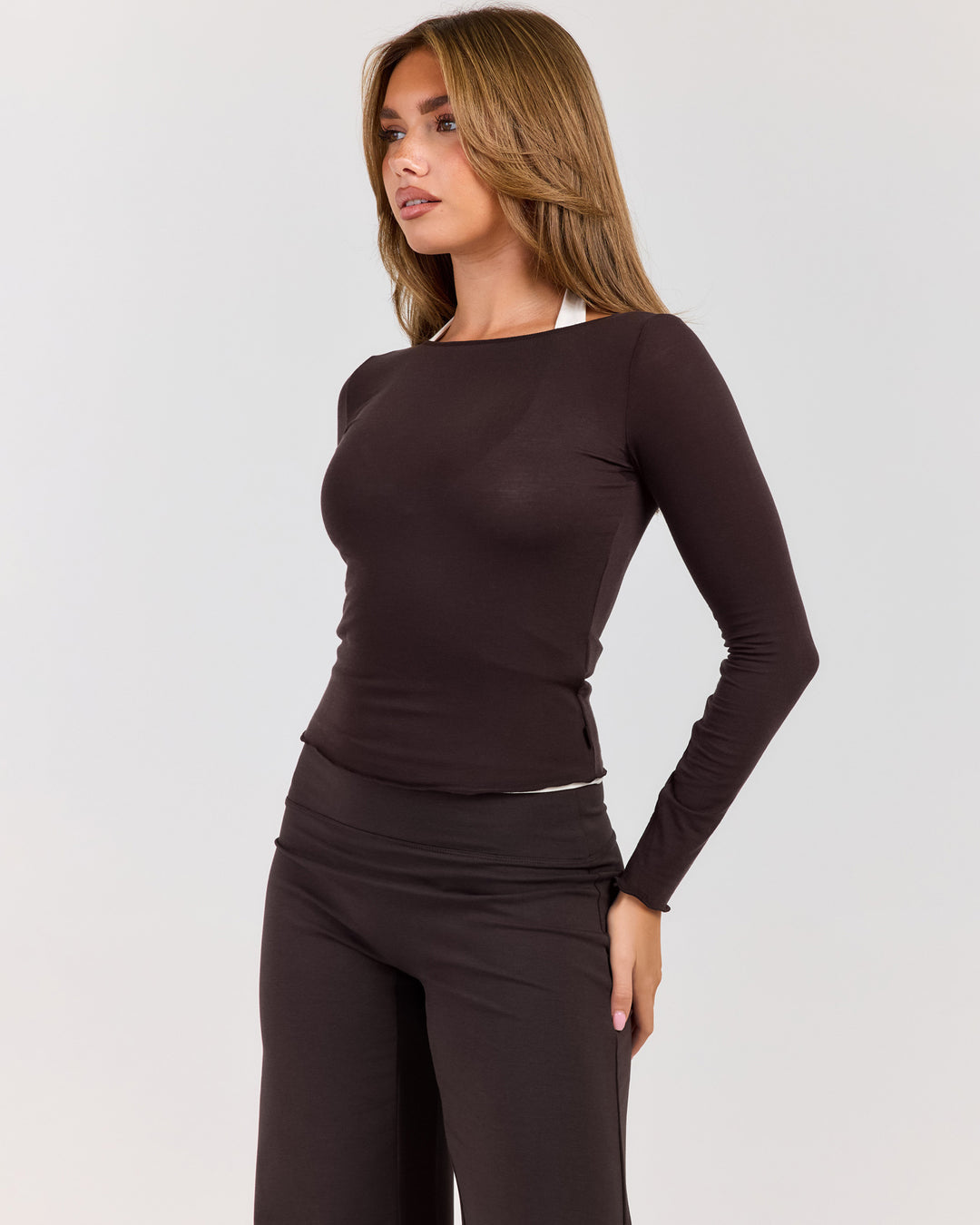 Sheer Flow Boat Neck Top - Coffee Bean