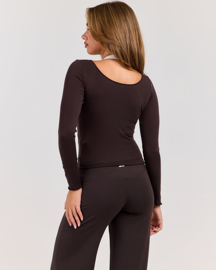 Sheer Flow Boat Neck Top - Coffee Bean