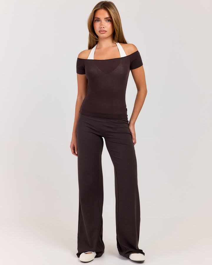 Sheer Flow Off Shoulder Tee - Coffee Bean