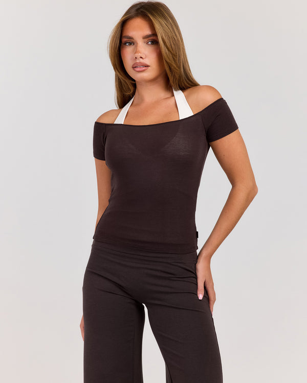 Sheer Flow Off Shoulder Tee - Coffee Bean