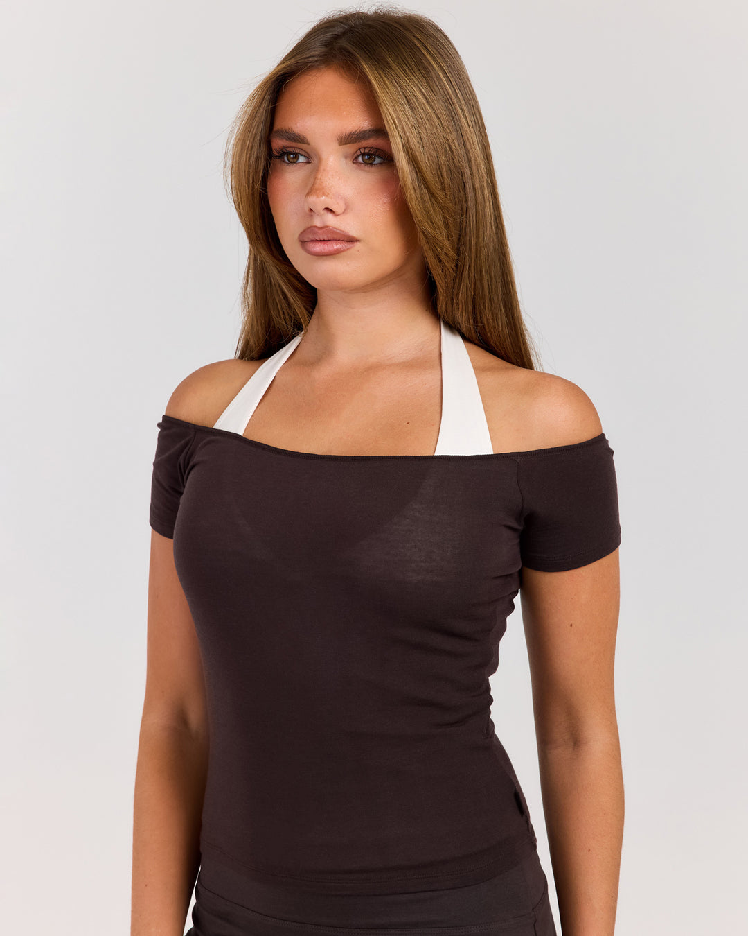 Sheer Flow Off Shoulder Tee - Coffee Bean
