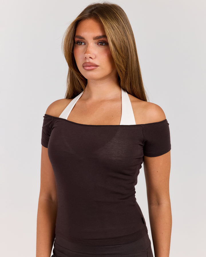 Sheer Flow Off Shoulder Tee - Coffee Bean