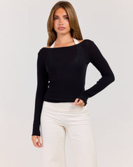 Sheer Flow Boat Neck Top - Black