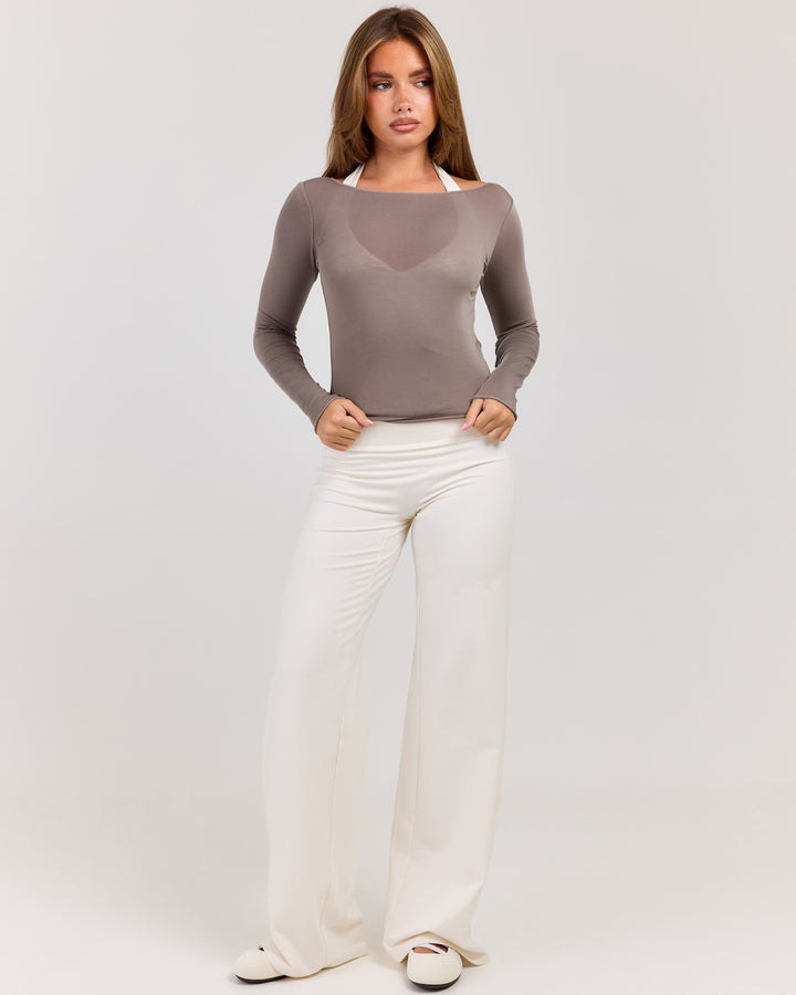 Sheer Flow Boat Neck Top - Almond Latte