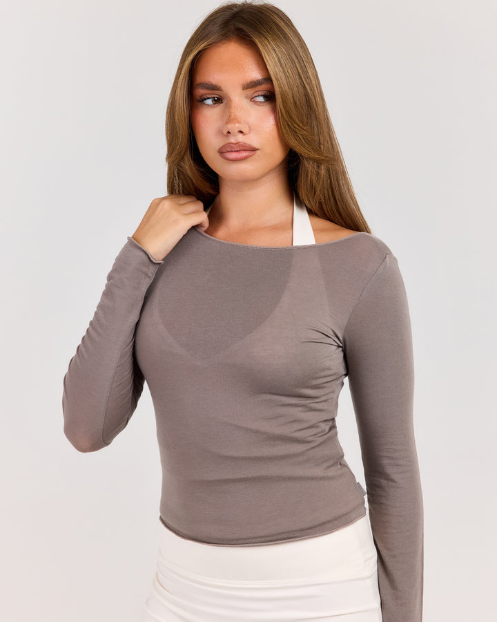 Sheer Flow Boat Neck Top - Almond Latte