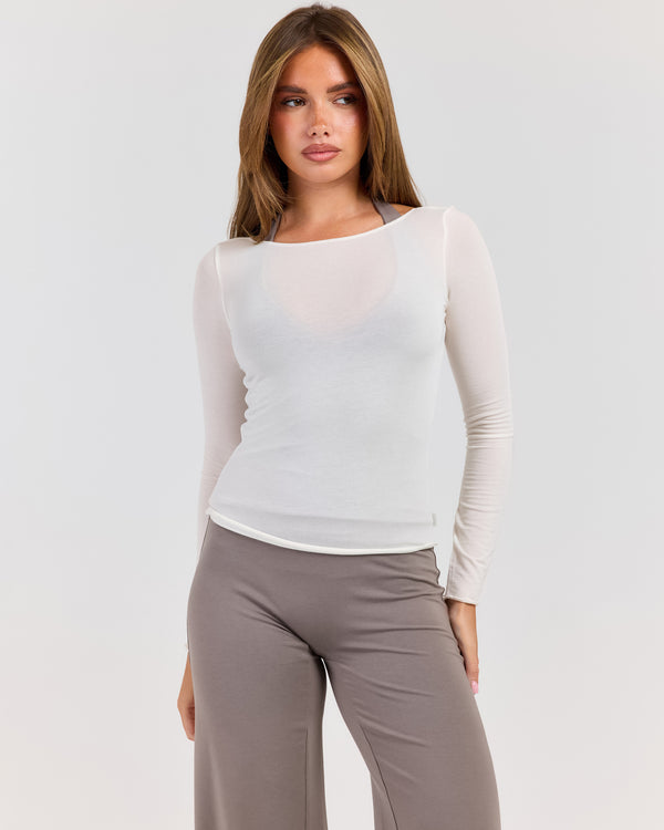Sheer Flow Boat Neck Top - Vanilla