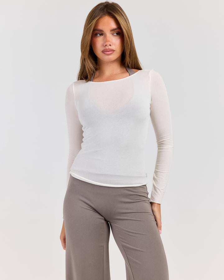 Sheer Flow Boat Neck Top - Vanilla