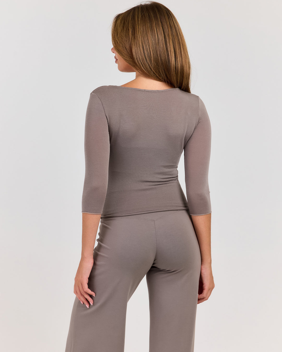 Sheer Flow Scoop Neck 3/4 Sleeve - Almond Latte