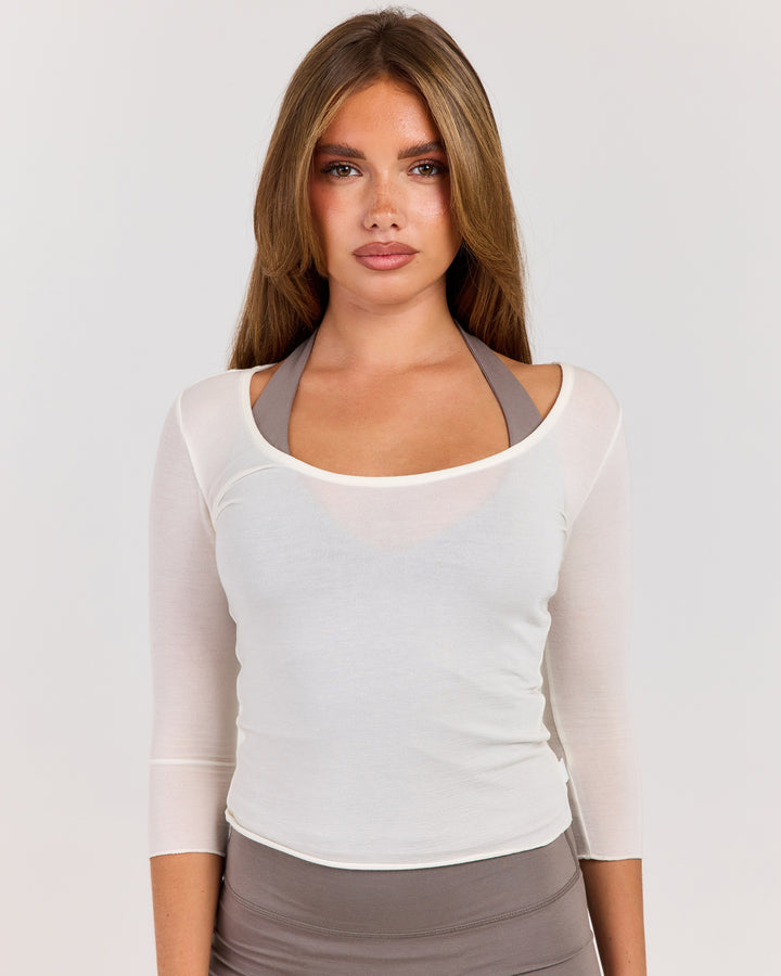 Sheer Flow Scoop Neck 3/4 Sleeve - Vanilla