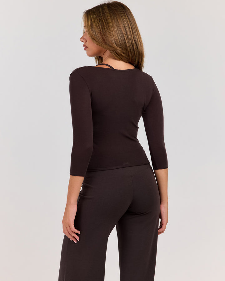 Sheer Flow Scoop Neck 3/4 Sleeve - Coffee Bean