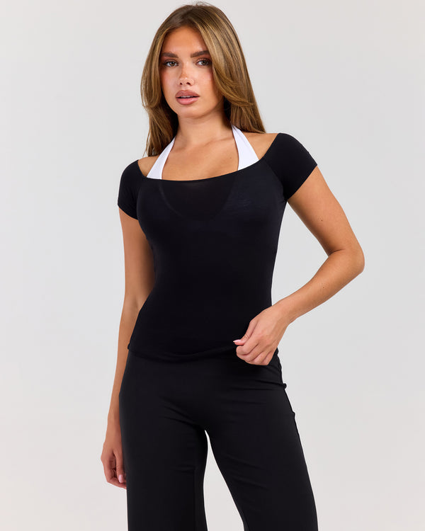Sheer Flow Off Shoulder Tee - Black