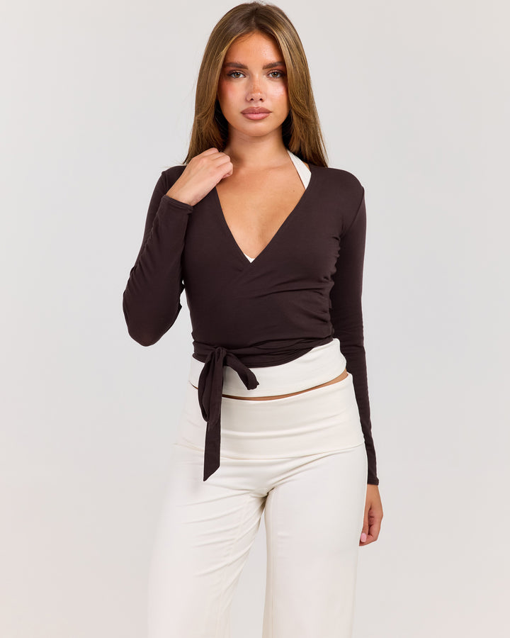 Sheer Flow Ballet Wrap Top - Coffee Bean