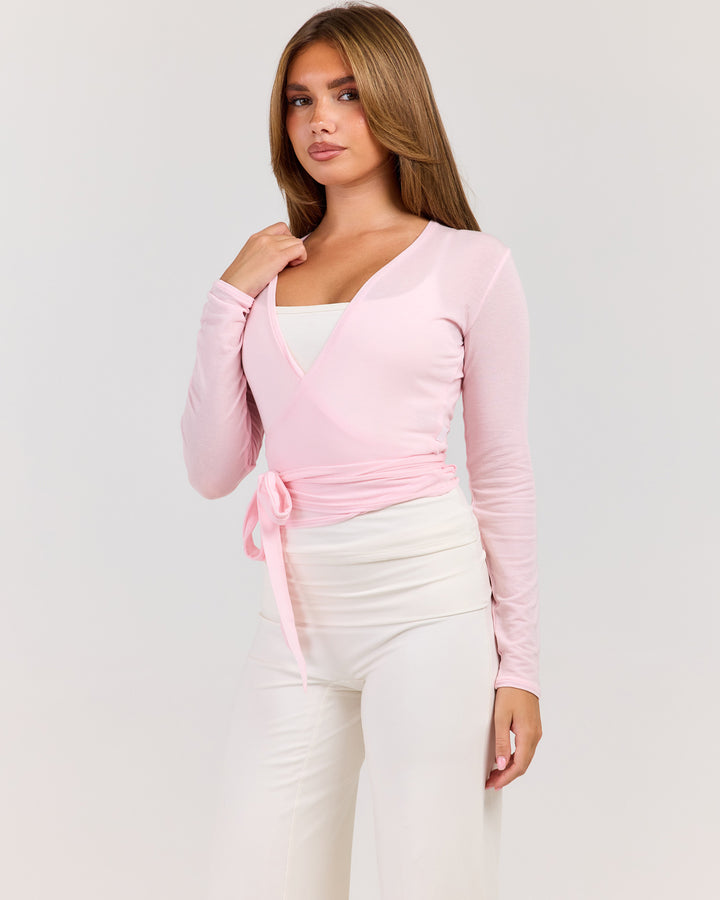 Sheer Flow Ballet Wrap Top - Powder Pink