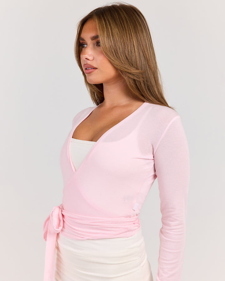 Sheer Flow Ballet Wrap Top - Powder Pink