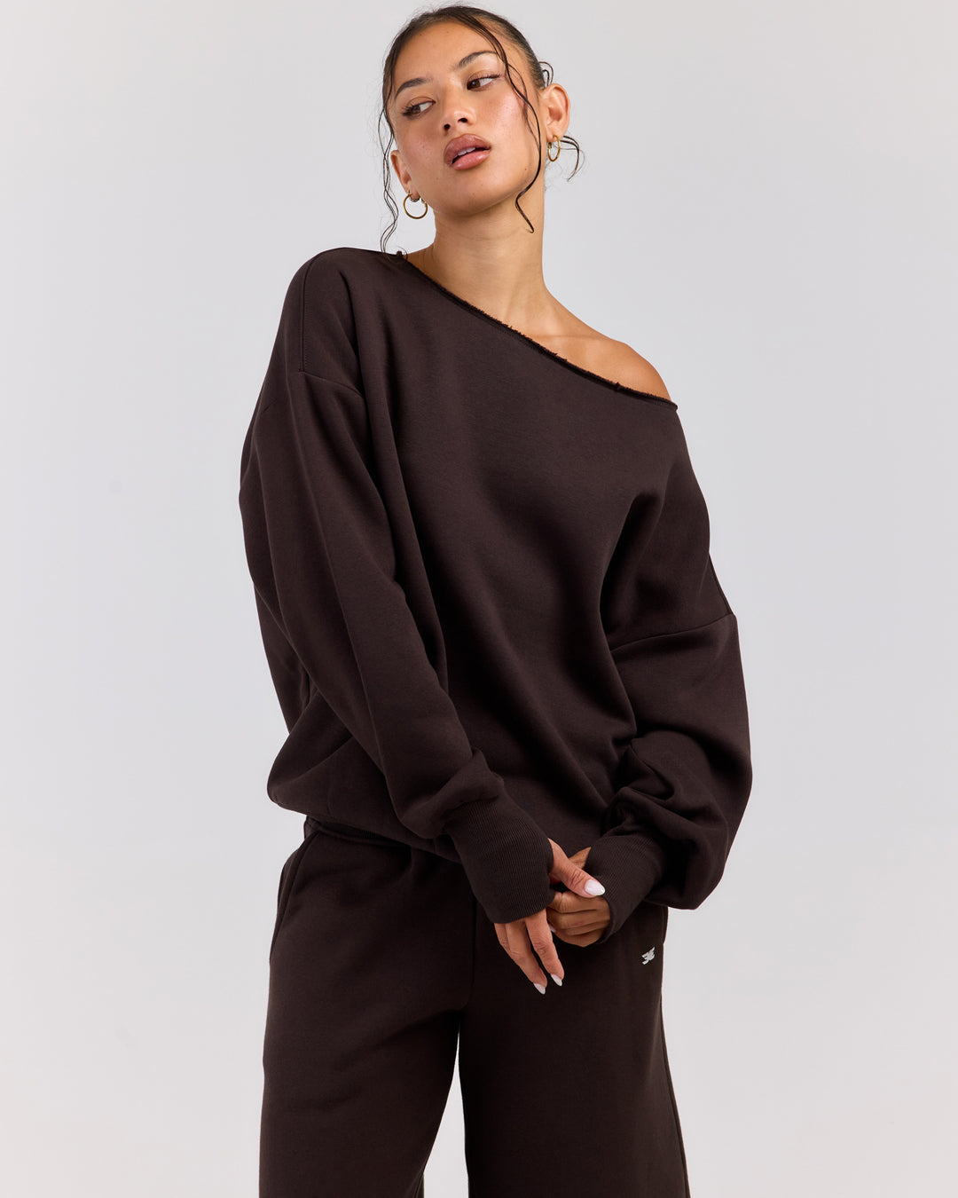 Omni Off Shoulder Crewneck - Coffee Bean
