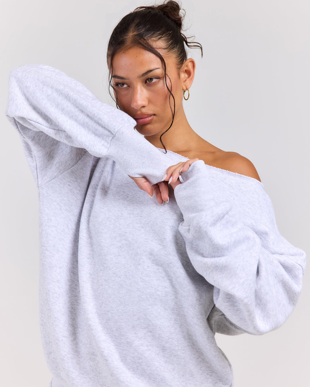 Omni Off Shoulder Crewneck - Grey Marle