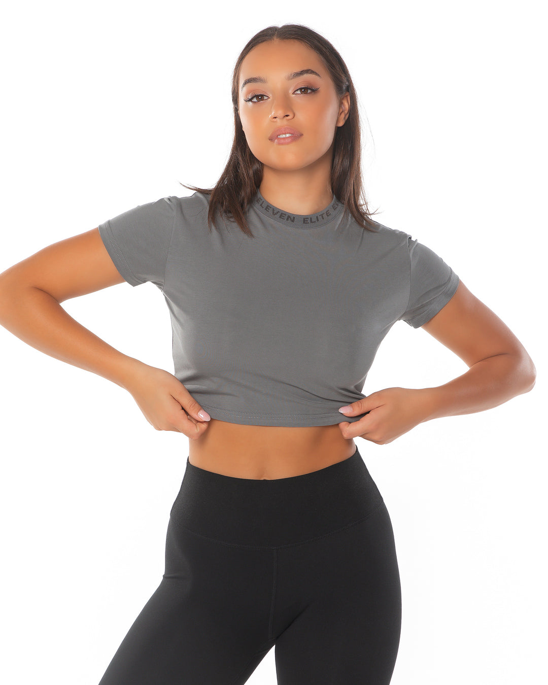 Cropped Ribbed Collar T-shirt - Charcoal