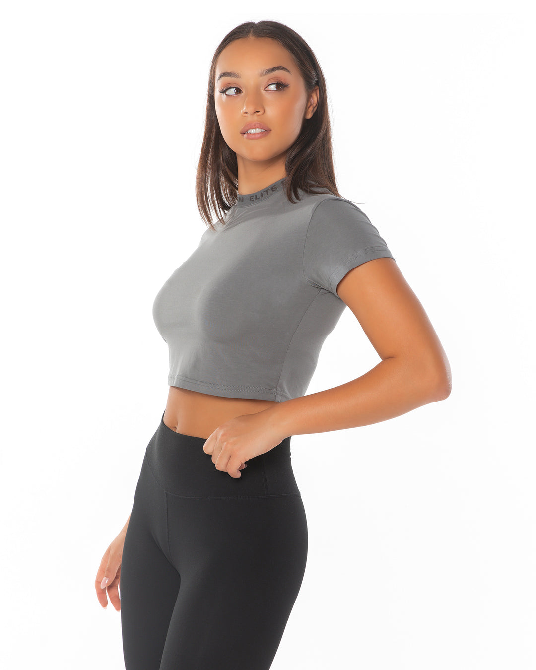 Cropped Ribbed Collar T-shirt - Charcoal